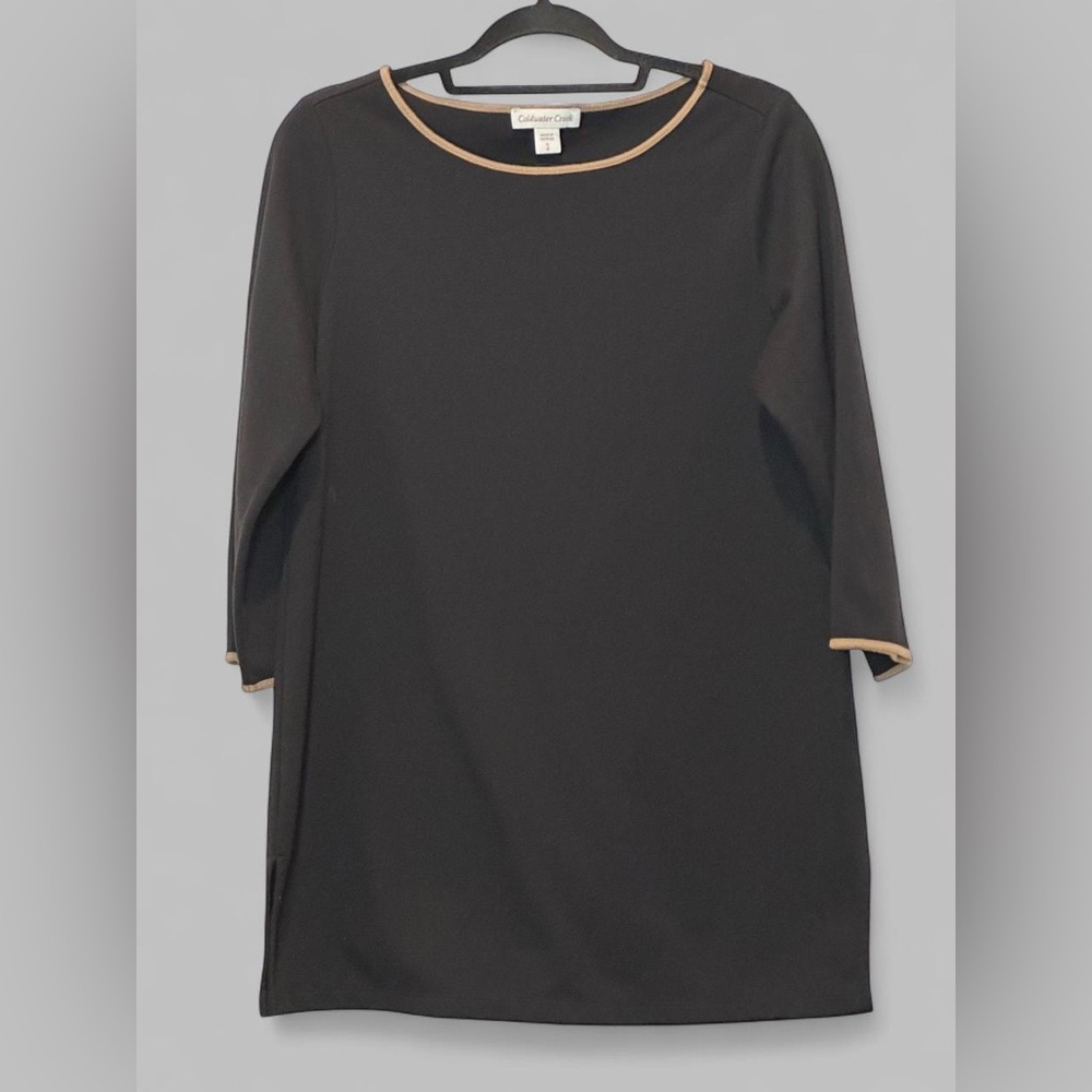 Coldwater Creek Black Tunic Sweater with Tan Trim Size 8